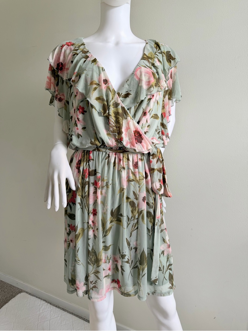 Floral Sage Green Wrap Mini Dress with Pink Blooms